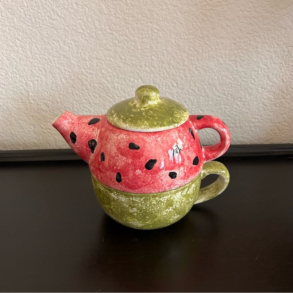 Hand-Painted Watermelon Stackable Tea Set | Whimsical Teacup & Teapot | New